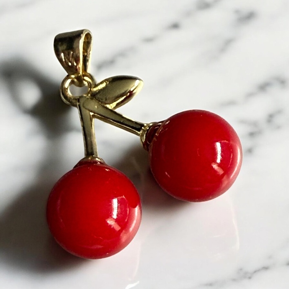 Set of 2 Chic 14k  Gold Electroplated and Red Acrylic Cherries Pendants
